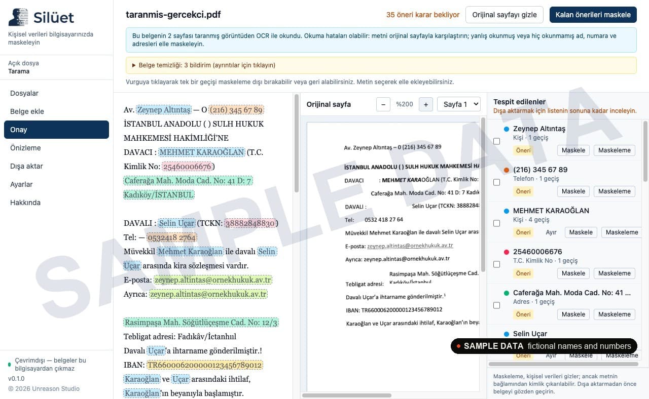 Silüet comparing OCR text with the original page (sample data)